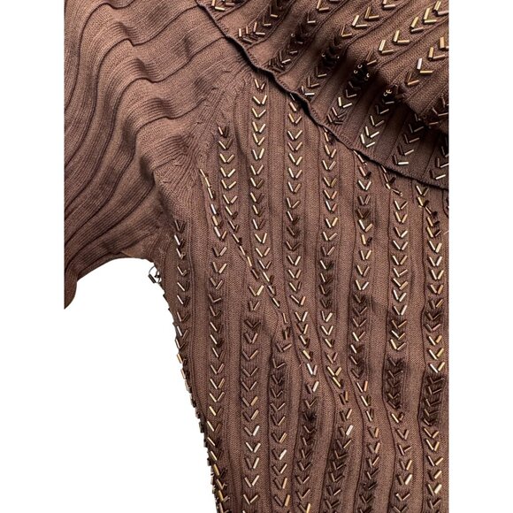 Caché Brown Cowl Neck Sweater Womens M Nylon/Rayon Ribbed Studded Detail Long Sl - Picture 7 of 7